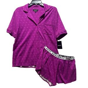 DKNY Pajama Set Sleepwear Shorts Top Loungewear Purple Logo Print Size S
